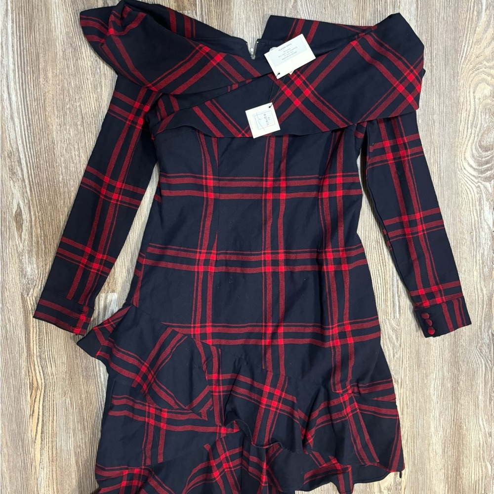 By Egreis Dress Womens Size Large  Plaid Navy Blue/ Red Long Sleeves Ruffle NWT - Picture 2 of 3